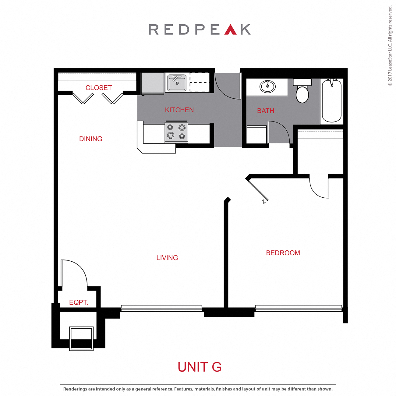 Floor plan for 1 bed, 1 bath, 765 sqft